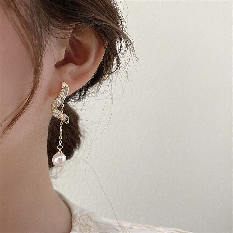 Korea Design Jewelry 14K Gold Plated York Zircon Pearl Pendant Earrings