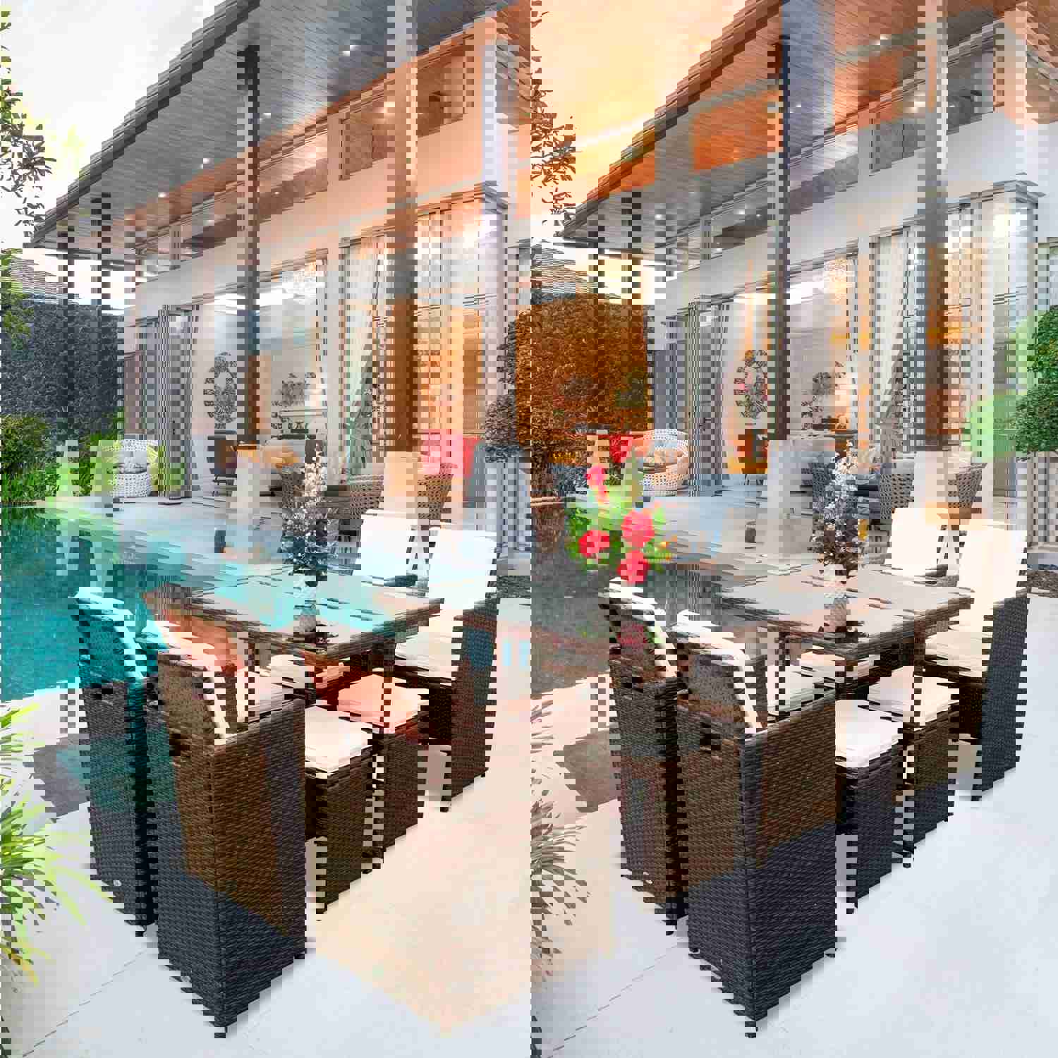 9 Pieces Patio Dining Sets Outdoor Space Saving Rattan Chairs with Glass Table