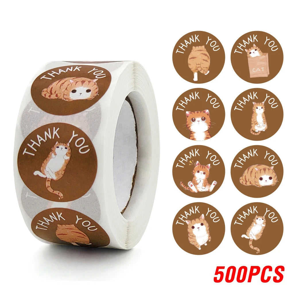 CIFEEO 100-500pcs Kawaii Cat Thank You Stickers for Gifts, Cards, and Parties