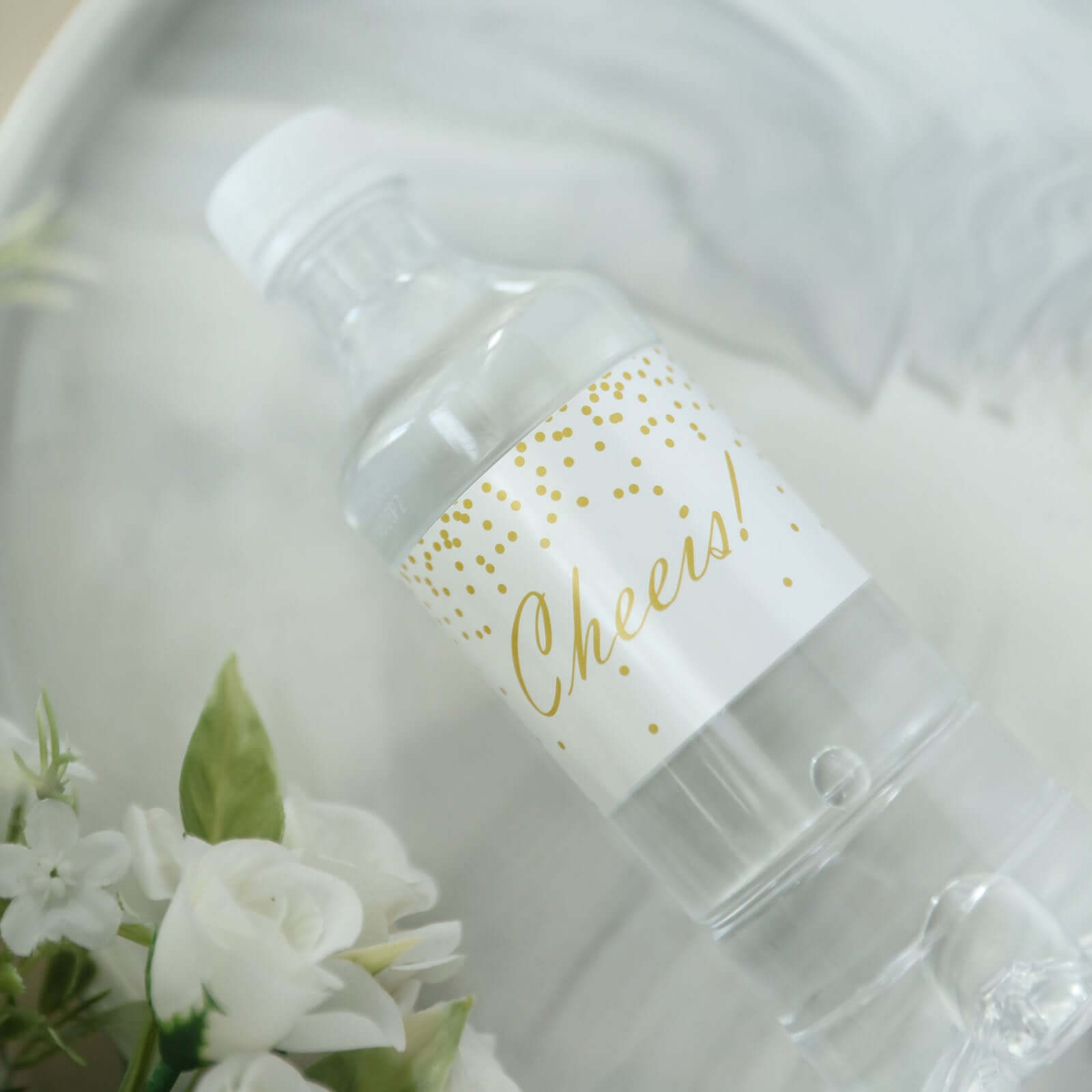 24 Pack White and Gold Cheers Wedding Party Water Bottle Labels, Waterproof Label Stickers