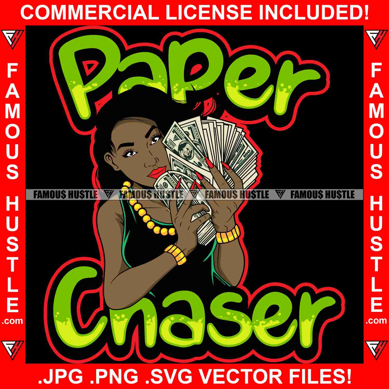 Paper Chaser Black Sexy Gangster Lady Female Cash Money Hands Gold Jewelry Graphic Design T-Shirt Print