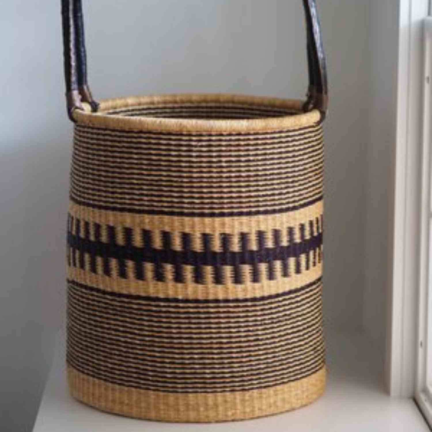 Large Black And White Bolga Basket with Leather Handles