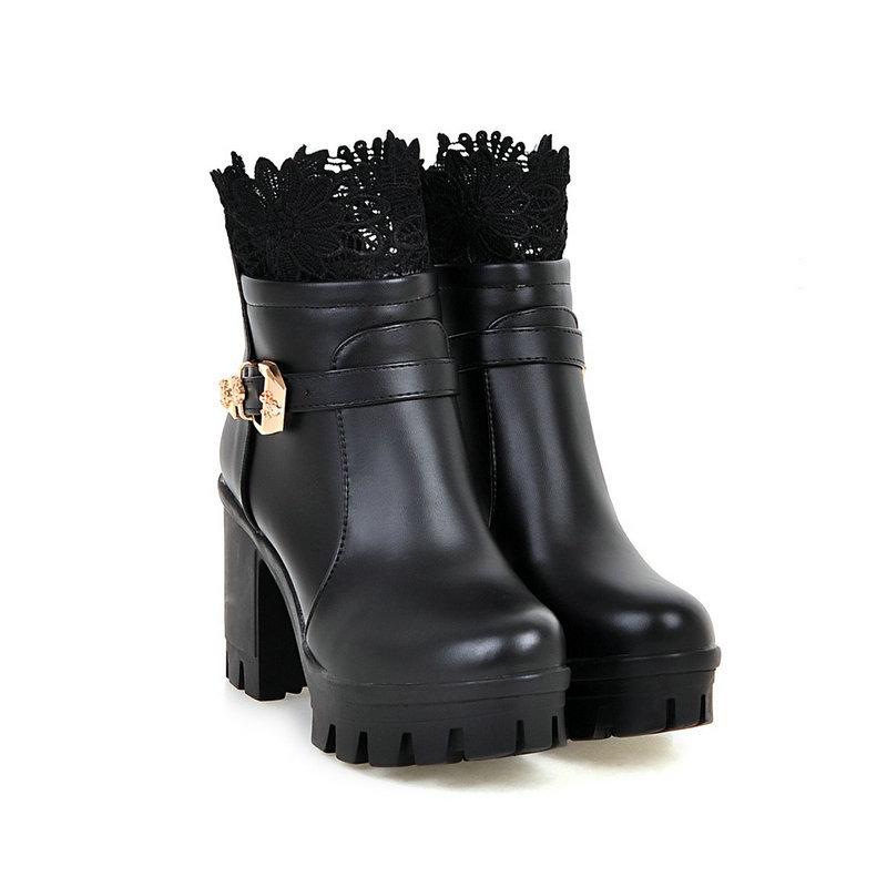 Women's Lace Flower Buckle Strap Chunky Heel Platform Boots