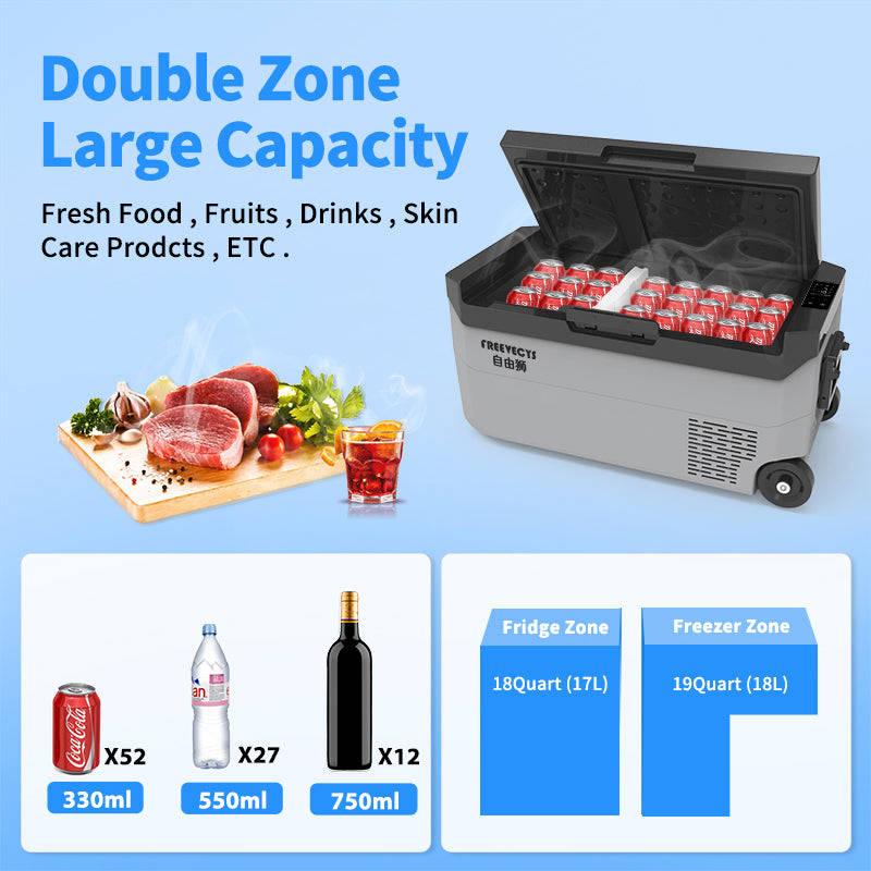 FREEVECYS CR35 Car Refrigerator, 35L Dual Zone Portable Freezer for RV, Truck, Boat, Outdoor and Home