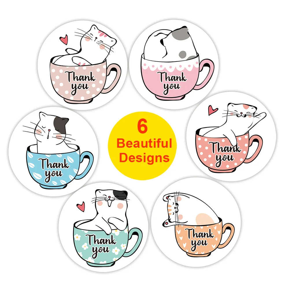 CIFEEO 100-500pcs Kawaii Cat Thank You Stickers for Gifts, Cards, and Parties