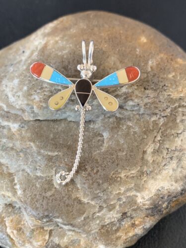 Handmade Zuni Turquoise and MOP Dragonfly Sterling Silver Pendant Necklace