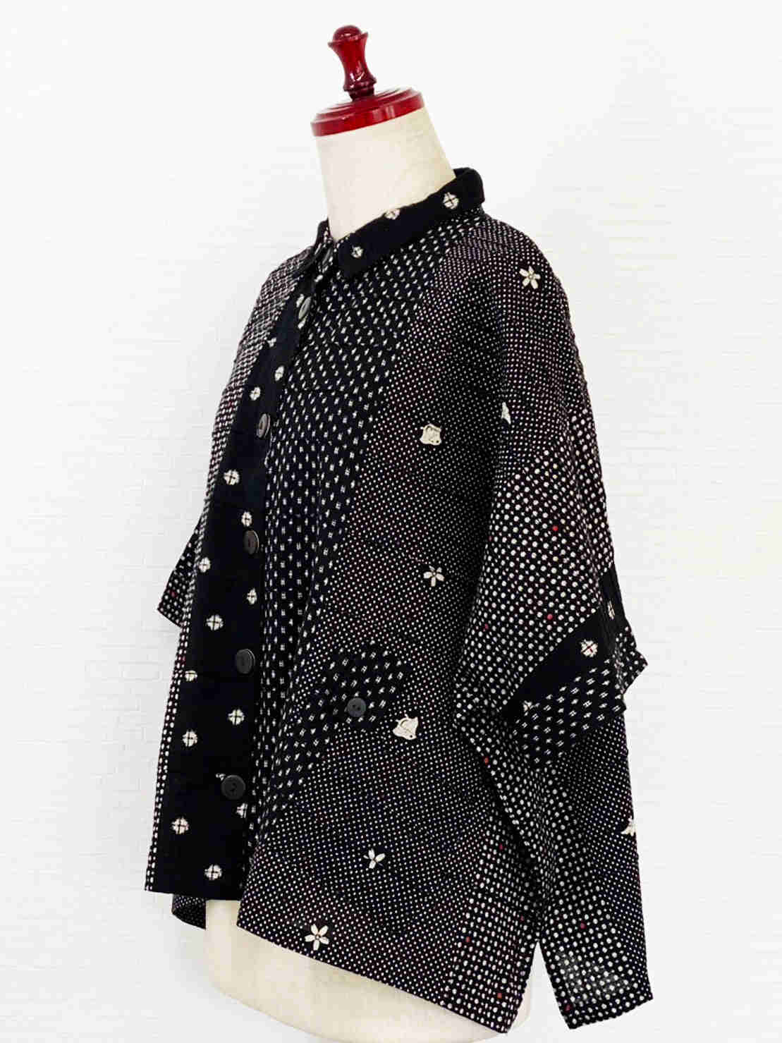 Tab Pocket Jacket - Multi Dot Patchwork Print - Black