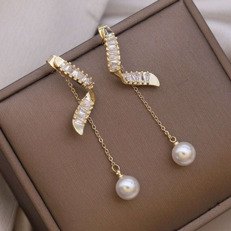 Korea Design Jewelry 14K Gold Plated York Zircon Pearl Pendant Earrings