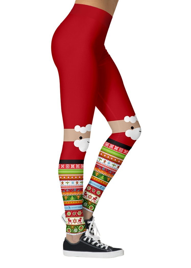 Fashion Santa Claus Print Striped Christmas Ankle Length Leggings For Women