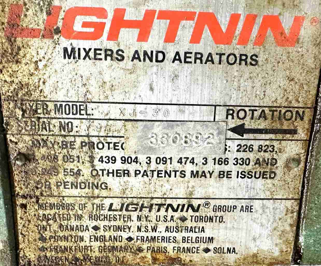 Lightnin XJ-30 Energy Efficient Mixer Aerator E77R3026N-UN Type CS 0.30 H.P.