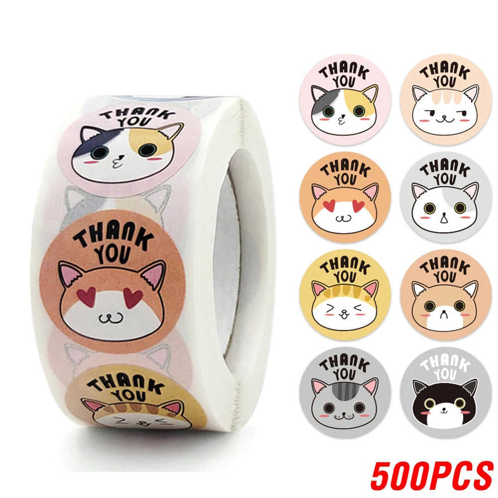 CIFEEO 100-500pcs Kawaii Cat Thank You Stickers for Gifts, Cards, and Parties