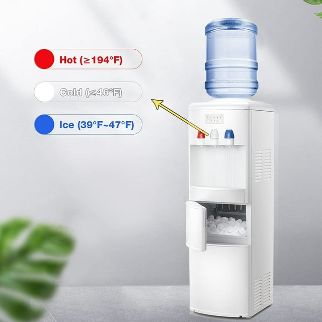 KISSAIR Water Cooler Dispenser with Built-in Ice Maker, 3 Temperature Settings, 27Lbs/24H Ice Production, Child Safety Lock - White