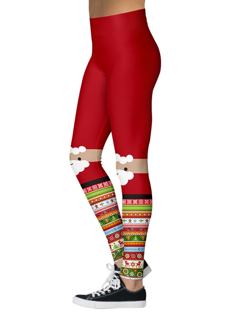 Fashion Santa Claus Print Striped Christmas Ankle Length Leggings For Women