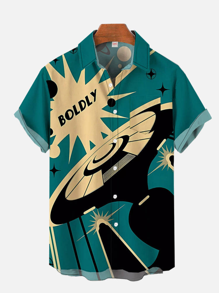 Retro Black And Cyan Sci-Fi Steampunk Spaceship Print Short Sleeve Shirt