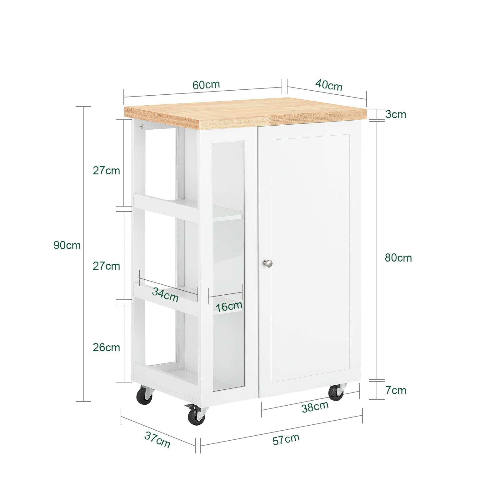 Kitchen Storage Serving Trolley Cart with Rack, FKW75-WN