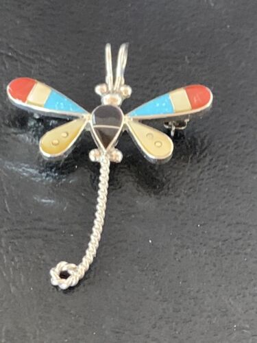 Handmade Zuni Turquoise and MOP Dragonfly Sterling Silver Pendant Necklace