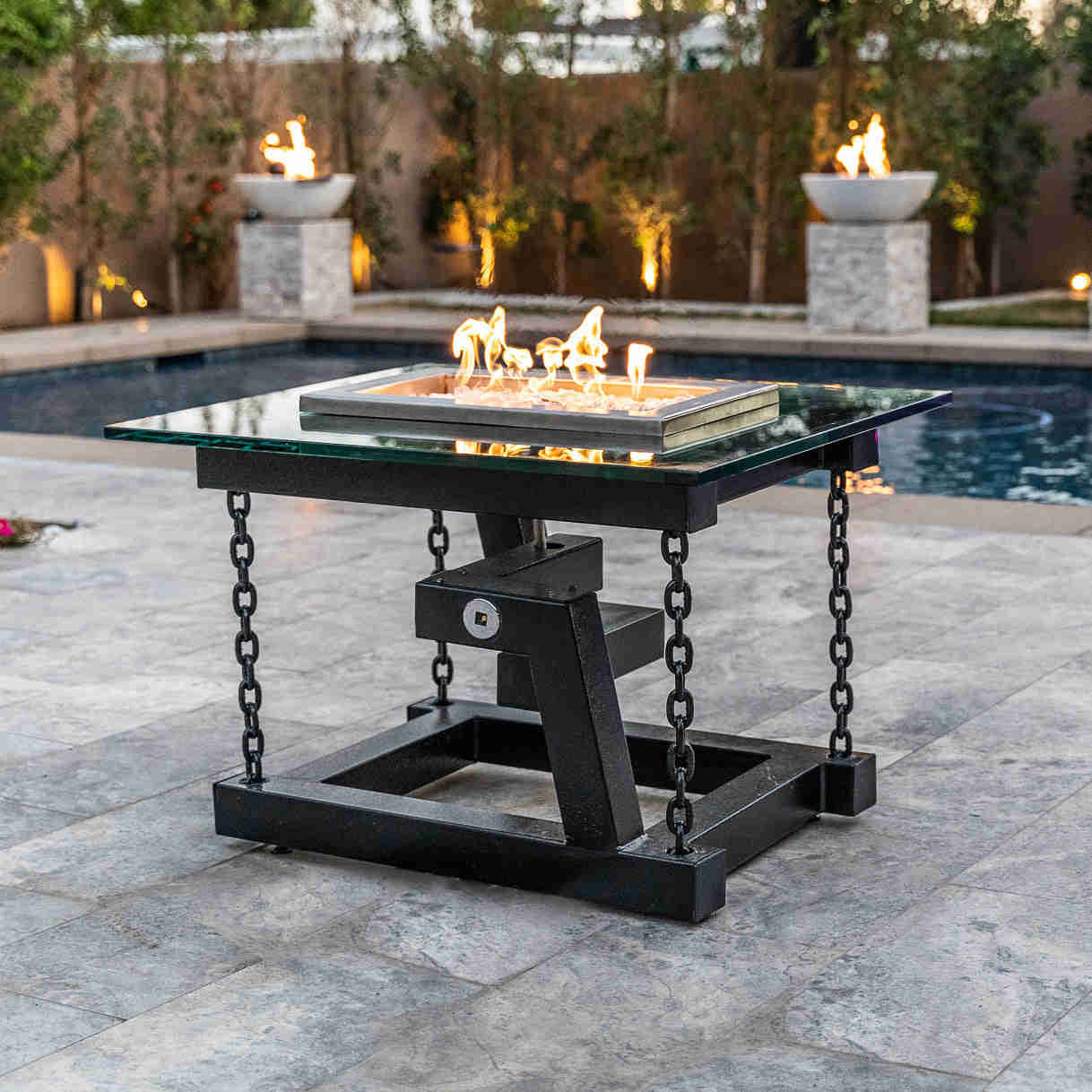 Newton 52 Copper Vein Powder Coated Metal Liquid Propane Fire Pit with Chain Support & Match Lit Ignition - The Outdoor Plus