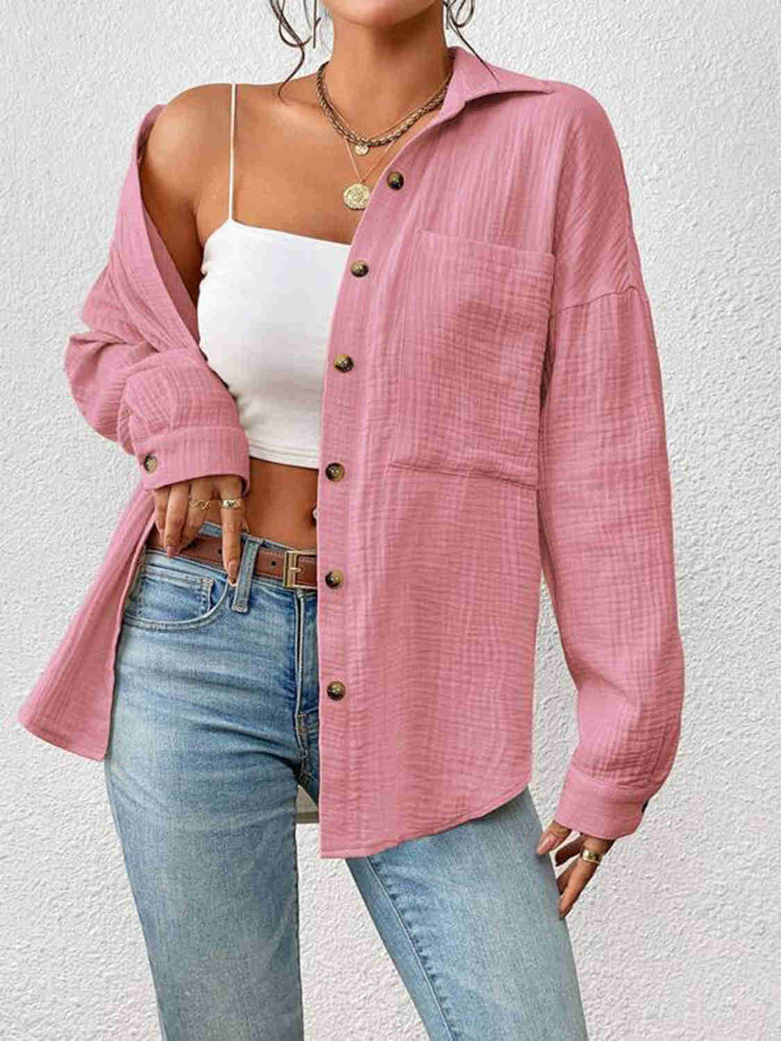 Textured Drop Shoulder Shirt Jacket - 100% Cotton