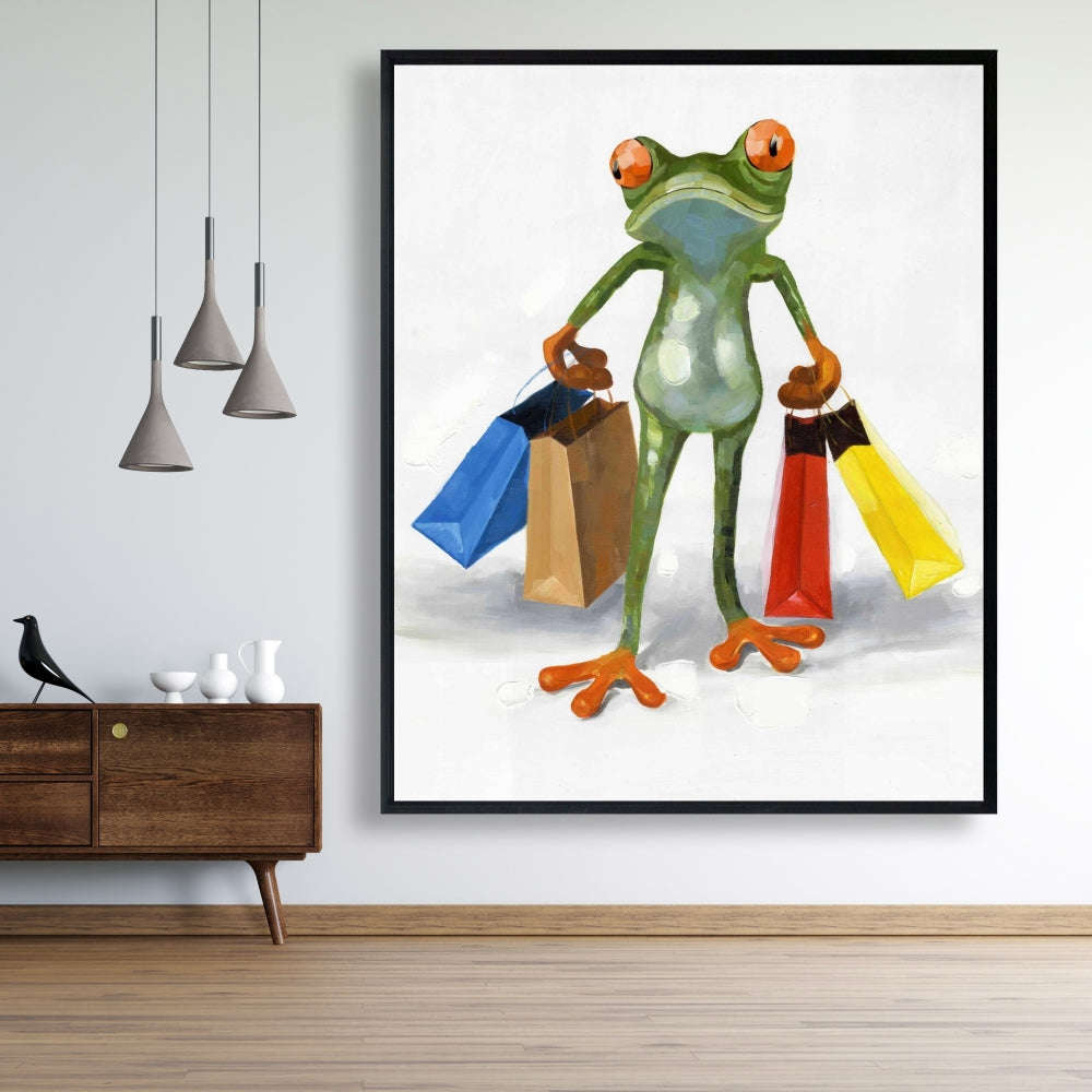 Funny Frog With Shopping Bags - Fine Art Gallery Wrapped Canvas 24x36