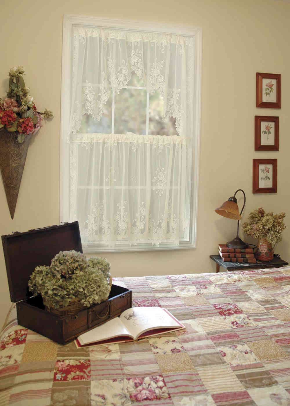 Tea Rose Lace Swag Curtains - Delicate Rose Pattern, 100% Polyester