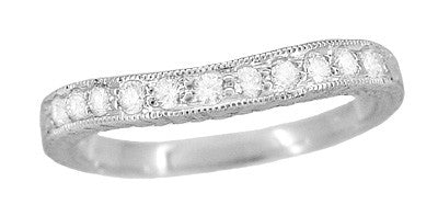 Art Deco Curved Engraved Wheat Diamond Wedding Band in Platinum
