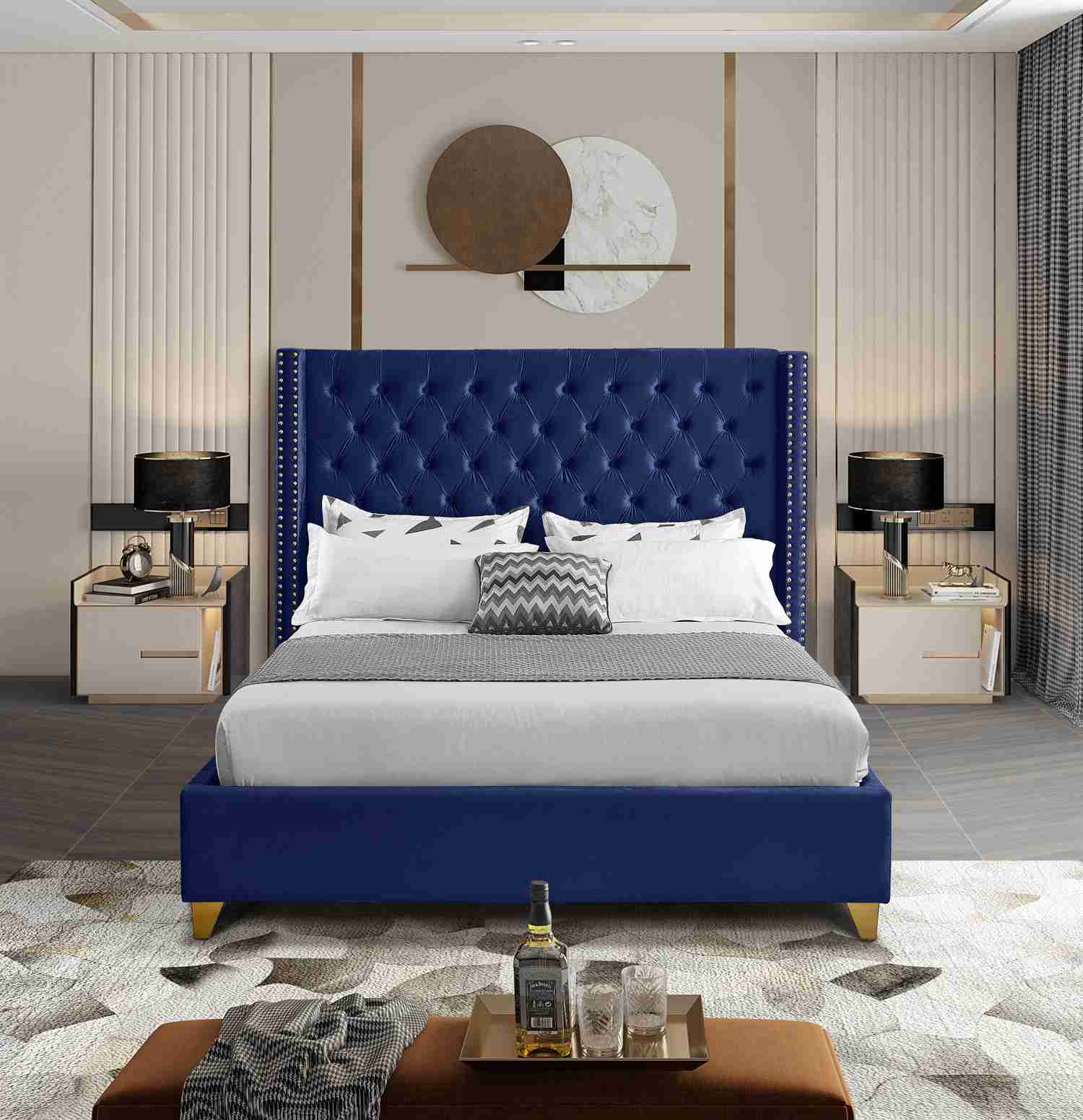 Barolo Navy Velvet Full Bed - Elegant Wing Design with Gold Accents