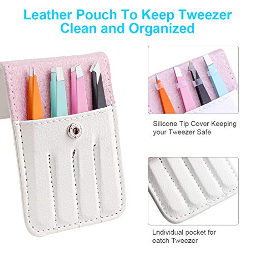 bedace 4 Pack Precision Tweezers Set for Eyebrows and Ingrown Hair with Leather Travel Case