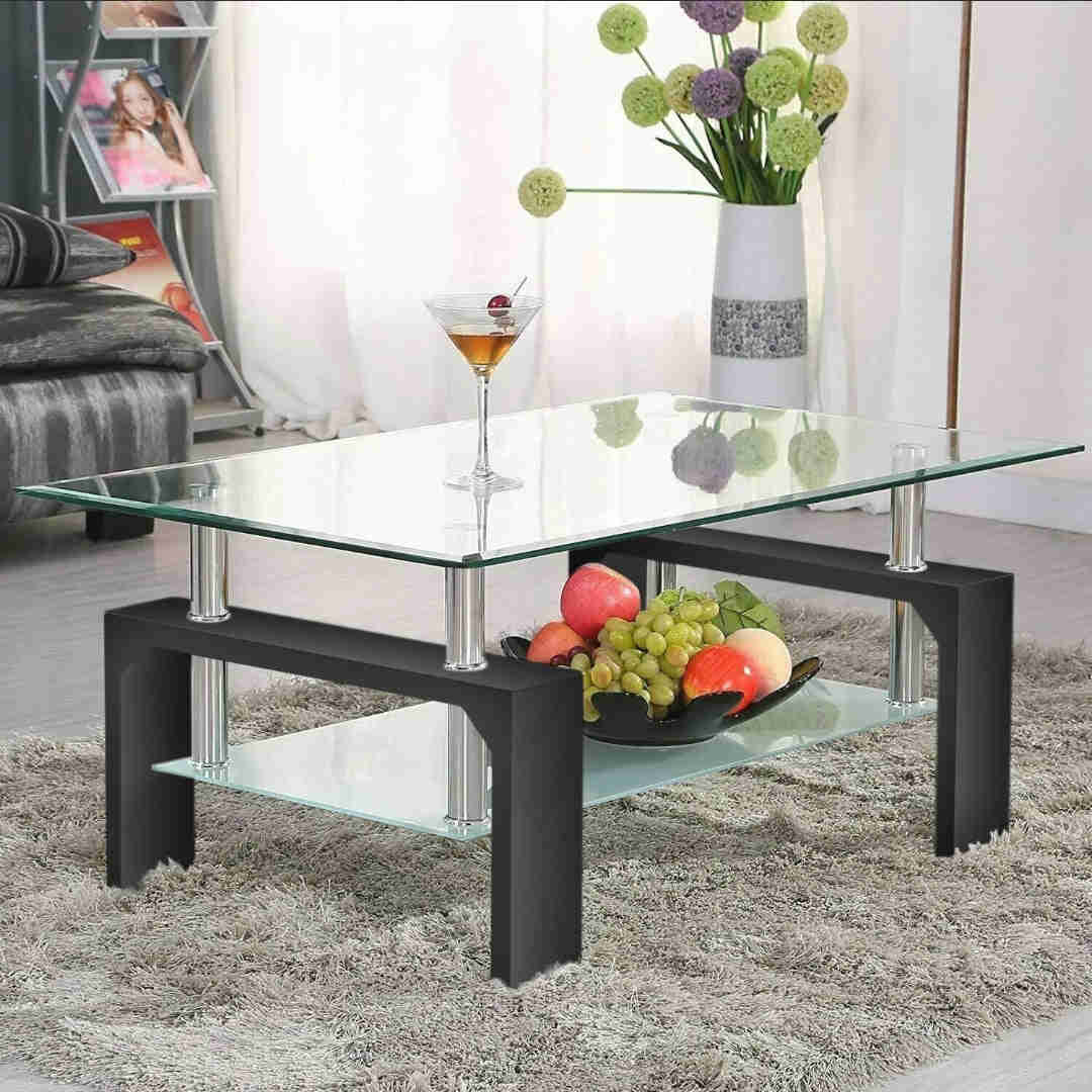 Modern Black Rectangular Coffee Table with Glass Top and Wood Shelf for Living Room