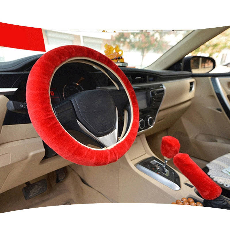 Universal Plush Car Steering Wheel Cover Winter Set - 3-Piece Fur Car Interior Accessories