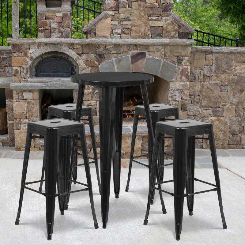 Flash Furniture Ormsby Commercial Grade 24 Round Black Metal Indoor-Outdoor Bar Table Set with 4 Square Seat Backless Stools