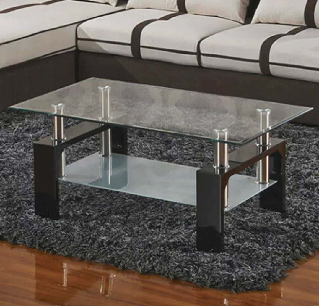 Modern Black Rectangular Coffee Table with Glass Top and Wood Shelf for Living Room
