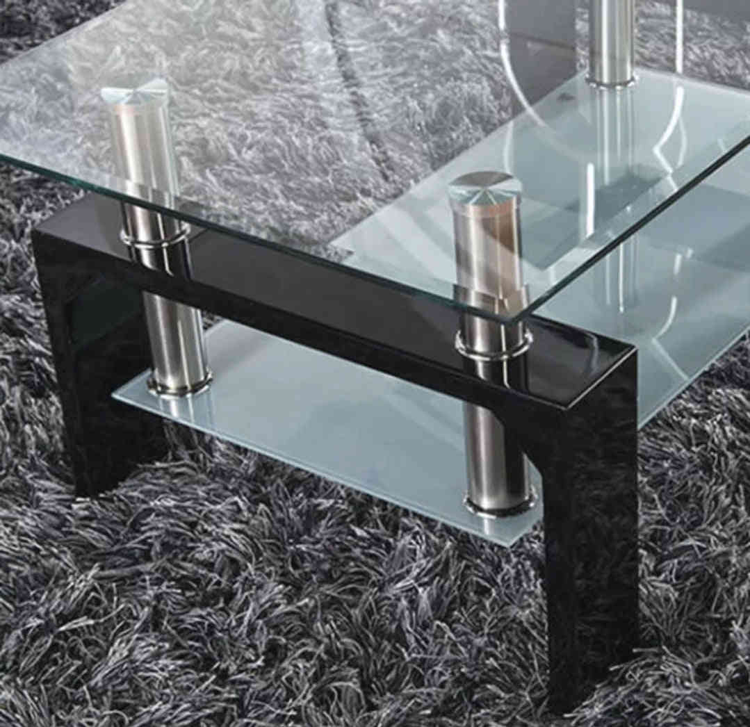 Modern Black Rectangular Coffee Table with Glass Top and Wood Shelf for Living Room