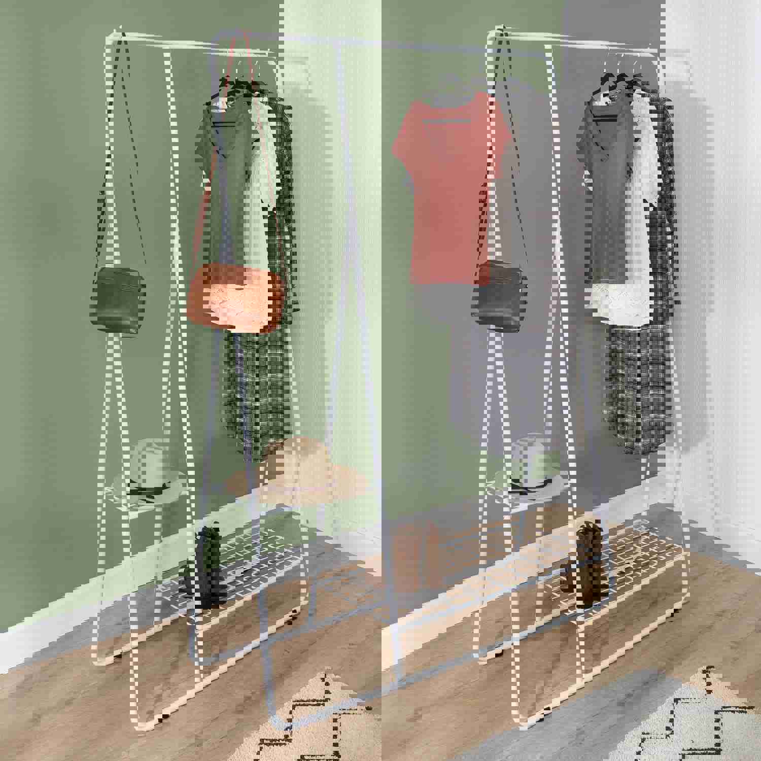 White Freestanding A-Frame Clothing Rack with Shelves and Hanging Bar