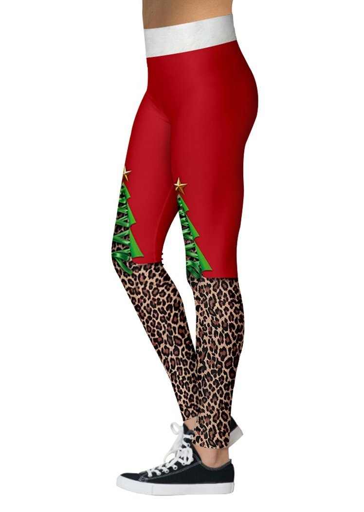 Fashion Christmas Tree Leopard Print Ankle Length Leggings for Women