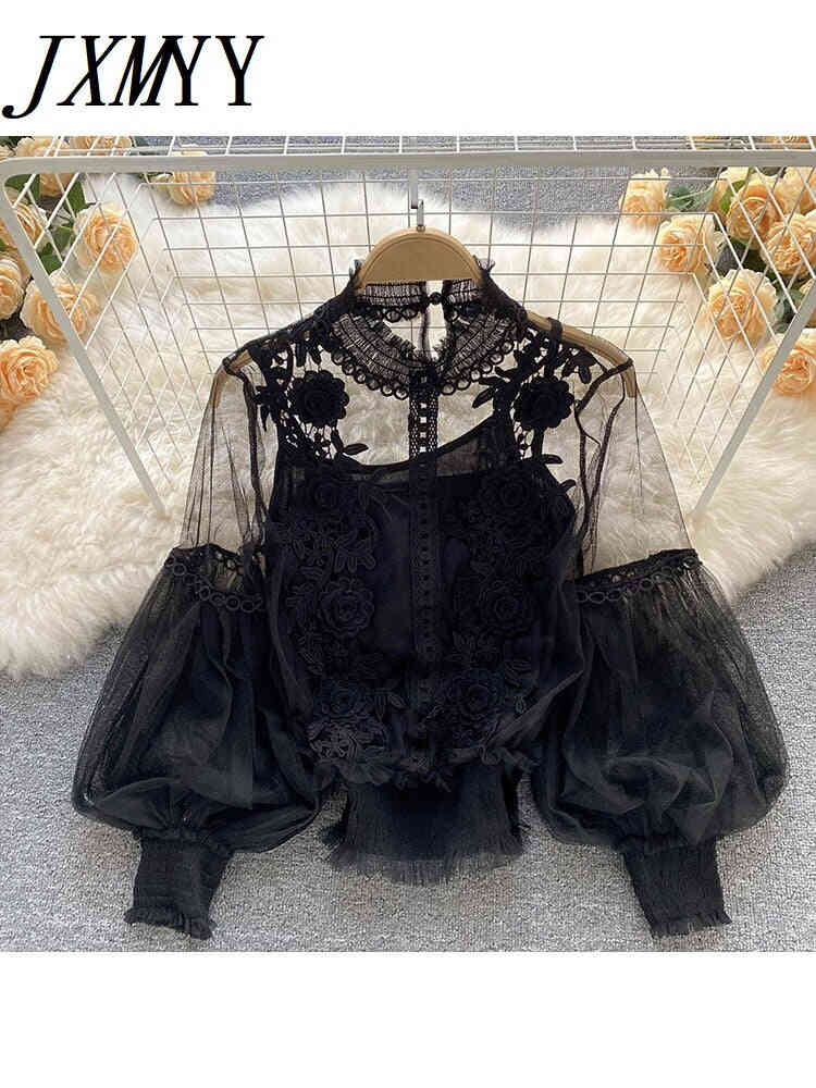 imCharms Design Niche Three-Dimensional Flower Collage Lantern Sleeves Slim Short Top Womens Lace Bottoming Shirt
