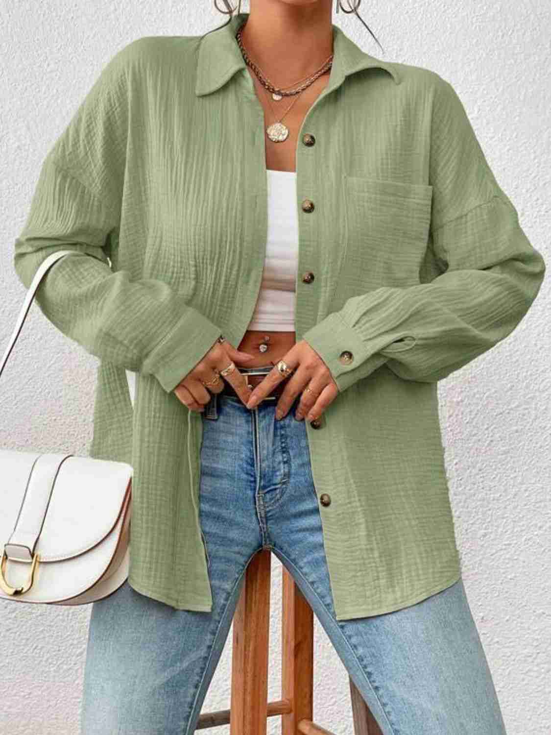 Textured Drop Shoulder Shirt Jacket - 100% Cotton