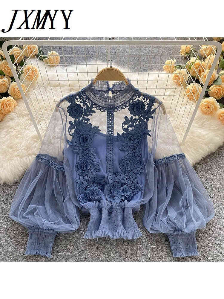 imCharms Design Niche Three-Dimensional Flower Collage Lantern Sleeves Slim Short Top Womens Lace Bottoming Shirt