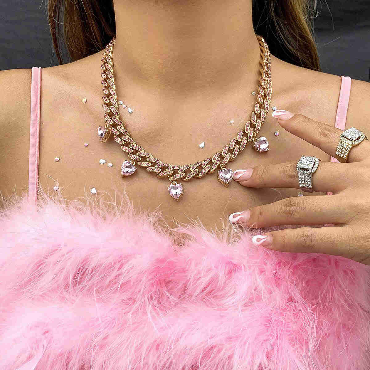 Bling Rhinestone Hip Hop Cuban Link Chain Choker Necklace for Women with Iced Out Crystal Heart Pendant