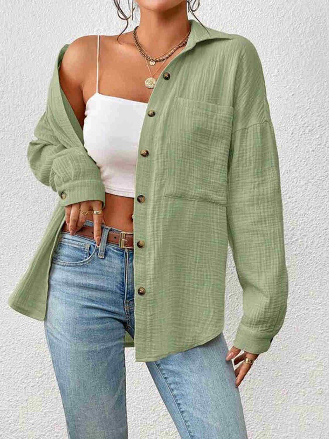 Textured Drop Shoulder Shirt Jacket - 100% Cotton