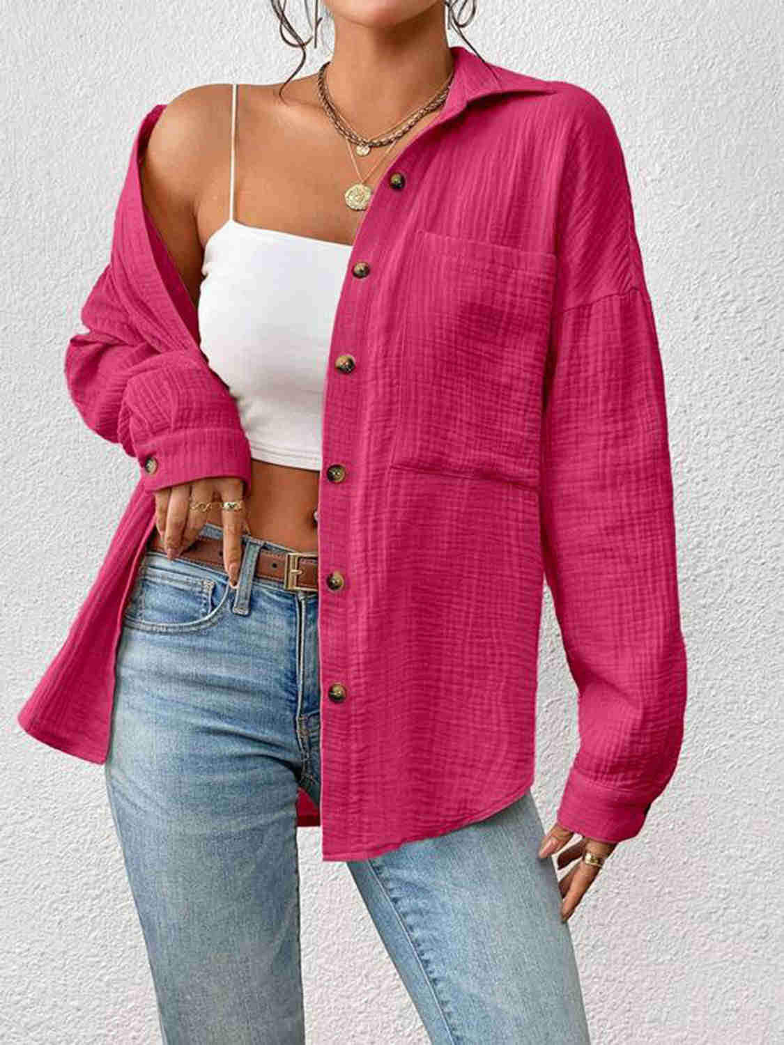 Textured Drop Shoulder Shirt Jacket - 100% Cotton