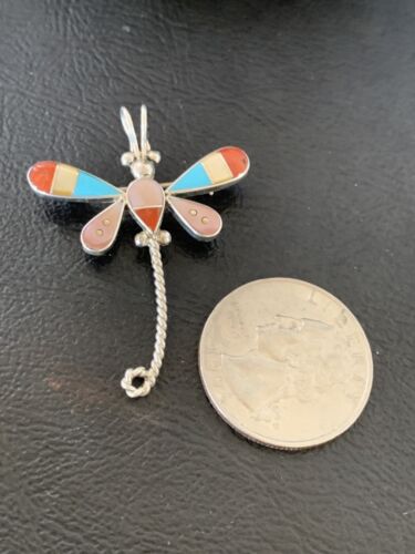 Handmade Zuni Turquoise and MOP Dragonfly Sterling Silver Pendant Necklace