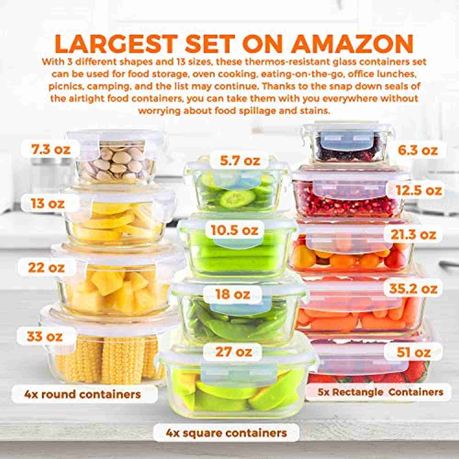 13-Piece Glass Food Storage Containers Set - Airtight, Leakproof, Microwave & Dishwasher Safe