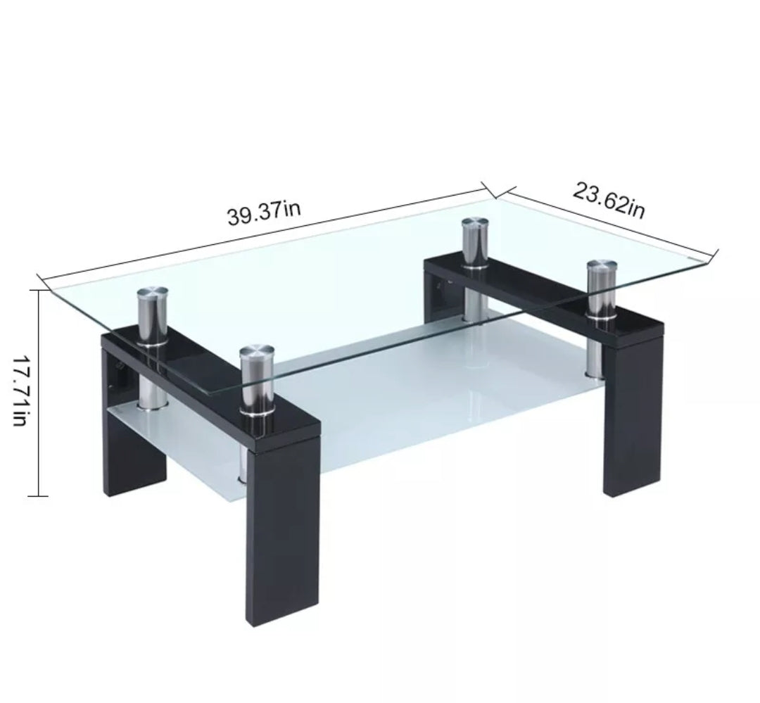 Modern Black Rectangular Coffee Table with Glass Top and Wood Shelf for Living Room