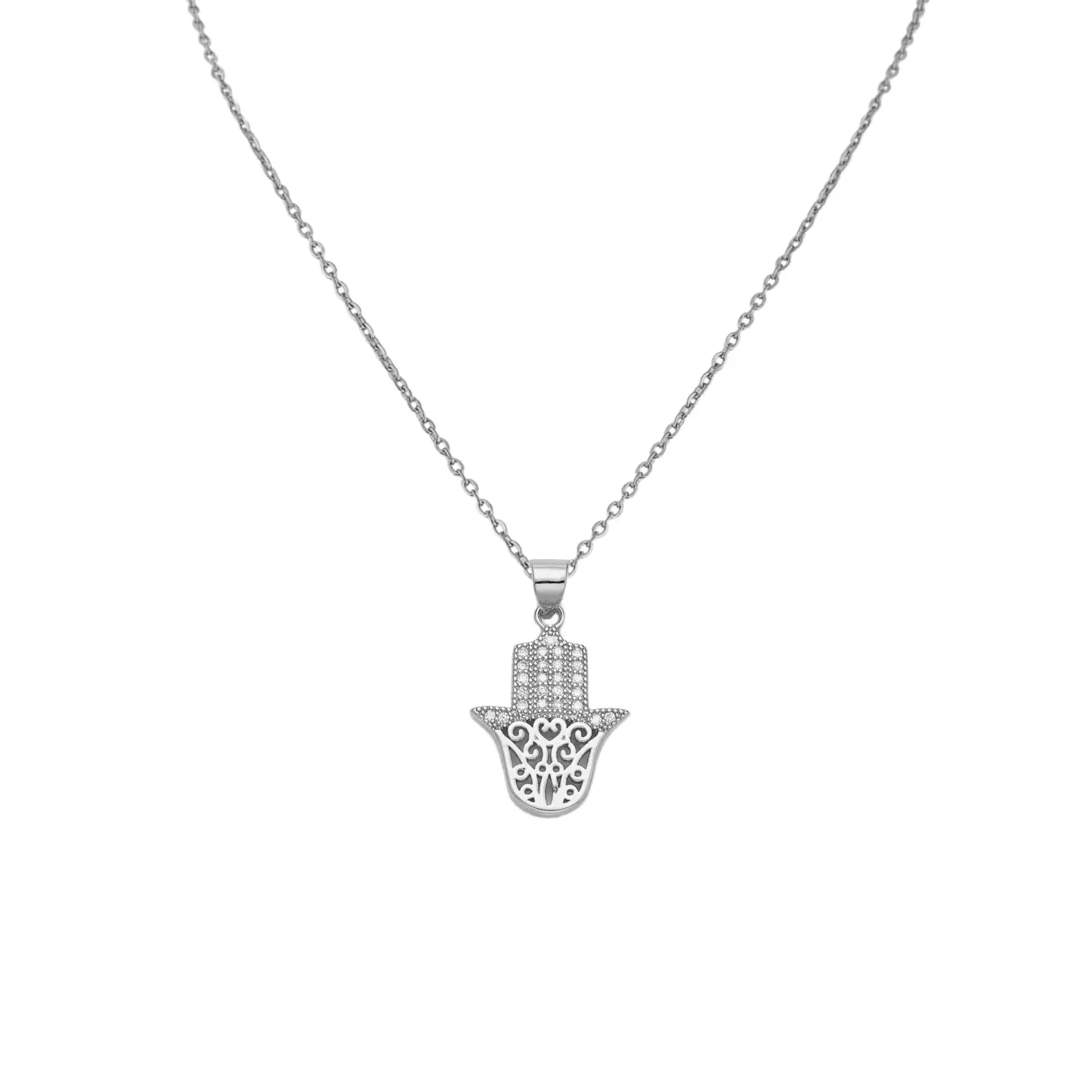 Dainty Hamsa Micro Pave Charm Necklace - 24k Gold Filled Brass or White Gold Filled Brass with Crystal Cubic Zirconia