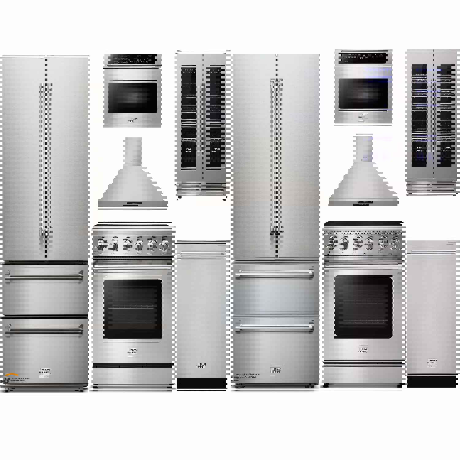 Thor Kitchen 6-Piece Appliance Package - 36-Inch Electric Range, French Door Refrigerator, Wall Mount Hood, Dishwasher, Microwave Drawer & Wine Cooler in Stainless Steel