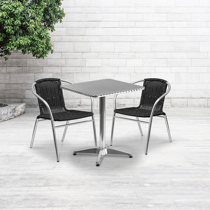 Flash Furniture 23.5 Square Aluminum Indoor-Outdoor Table Set with 2 Black Rattan Chairs