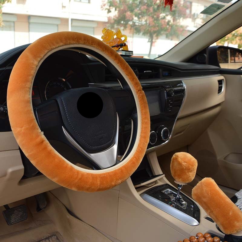 Universal Plush Car Steering Wheel Cover Winter Set - 3-Piece Fur Car Interior Accessories