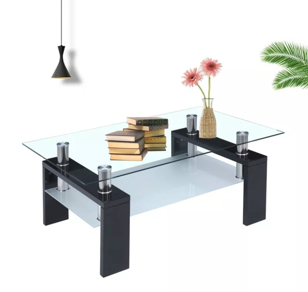Modern Black Rectangular Coffee Table with Glass Top and Wood Shelf for Living Room