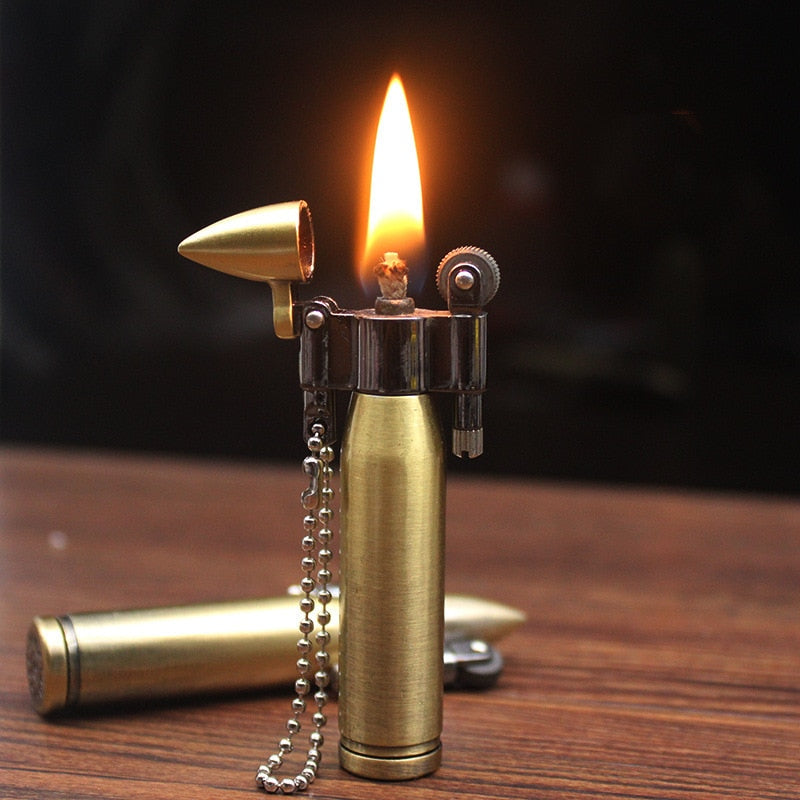 Retro Bullet Grinding Wheel Kerosene Lighter Metal Keychain for Cigar and Cigarette Smoking Accessories