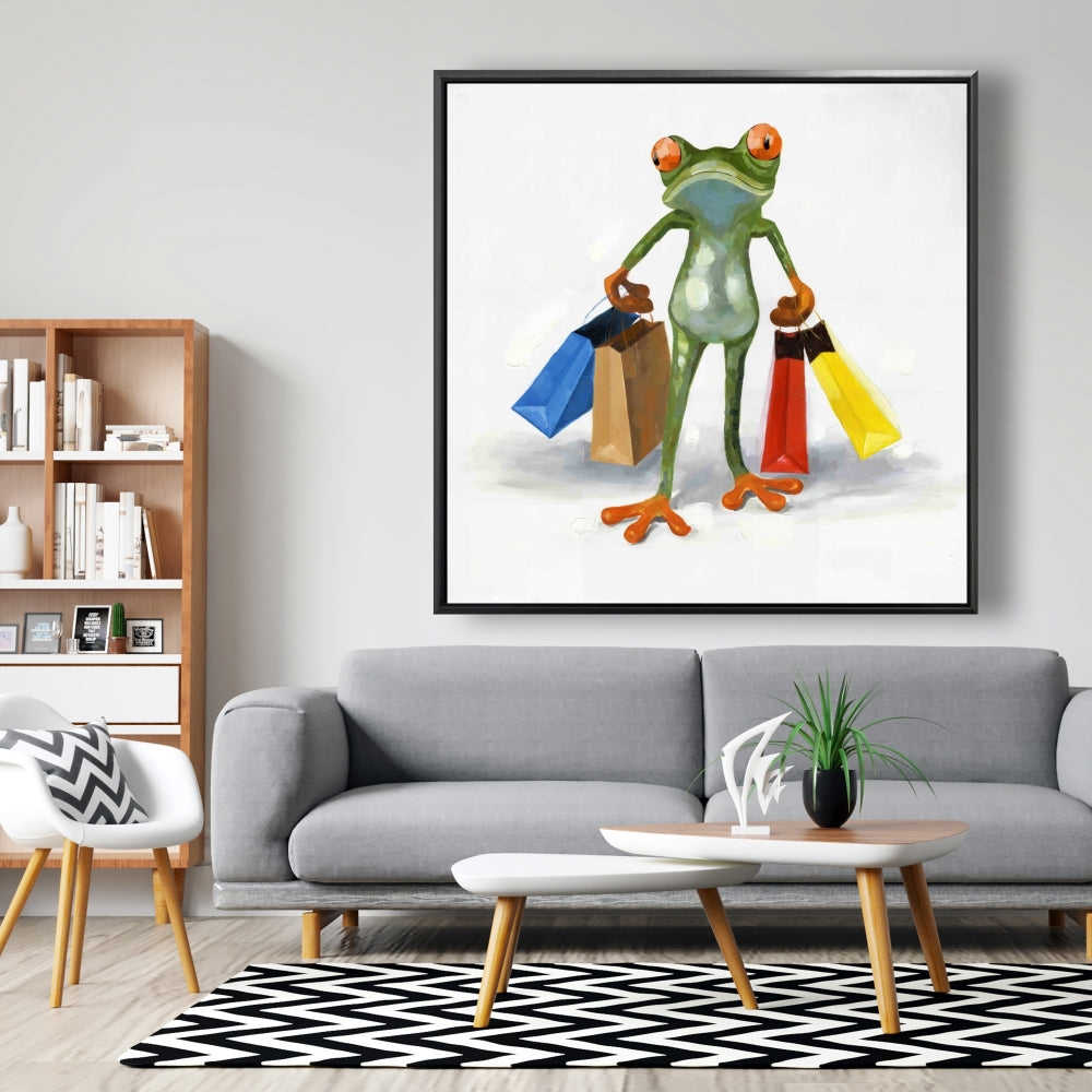 Funny Frog With Shopping Bags - Fine Art Gallery Wrapped Canvas 24x36